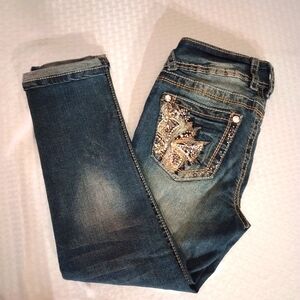 WALLFLOWER DISTRESSED cuffed SKINNY JEANS low-rise BLING POCKETS SZ 5
